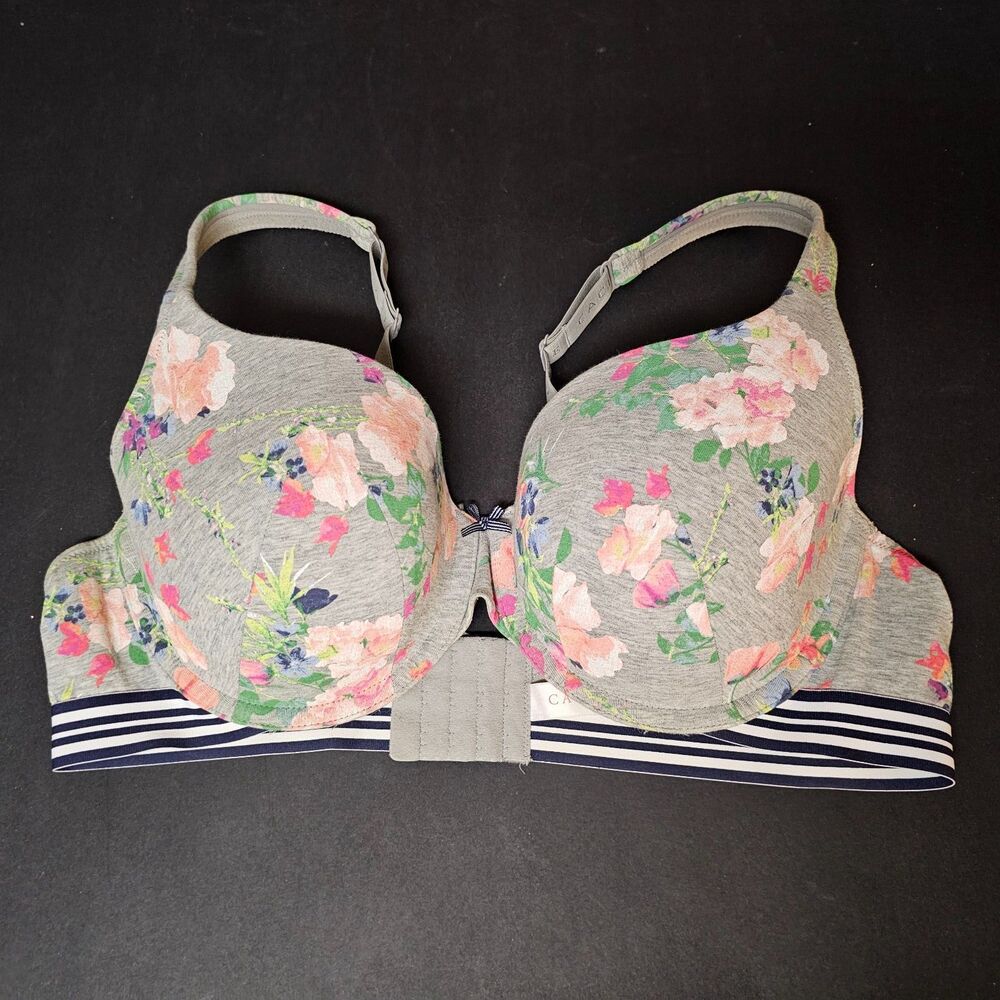 Cacique 42D Lightly Lined Gray Floral T-Shirt Bra Underwire Cotton Stretch Bow